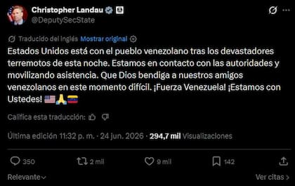 El mensaje de Landau en redes sociales por el terremoto en Venezuela