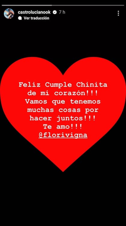 El mensaje de Luciano Castro para Flor Vigna en su cumpleaños