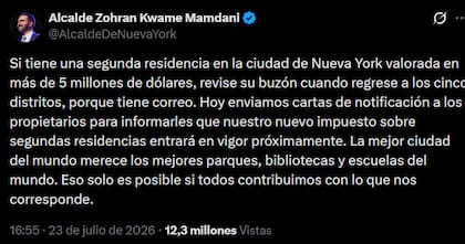 El mensaje de Mamdani en redes cuando se enviaron los avisos. Ahora los procedimientos relacionados con el impuesto en Nueva York están frenados judicialmente