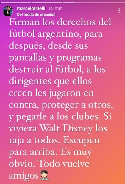 El mensaje de Marcelo Tinelli en su cuenta de Instagram