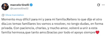 El mensaje de Marcelo Tinelli tras el posteo de su hija, Juana Tinelli (X: @cuervotinelli)
