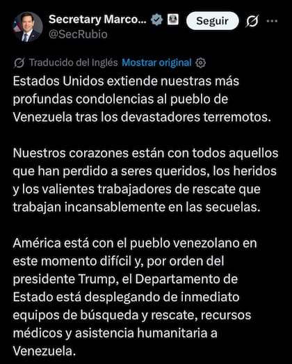 El mensaje de Marco Rubio tras el devastador terremoto en Venezuela