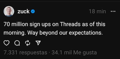 El mensaje de Mark Zuckerberg en Threads: la plataforma ya tiene 70 millones de usuarios registrados, muy por encima de sus expectativas