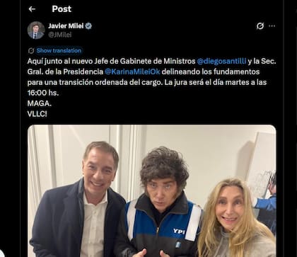 El mensaje de Milei en su cuenta de X para oficializar a Santilli
