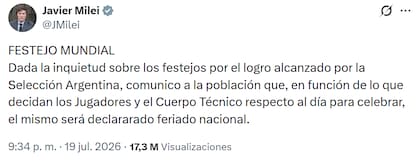 El mensaje de Milei sobre la posibilidad de un feriado tras la final del Mundial