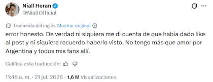 El mensaje de Niall Horan tras el repudio de fans argentinos (Foto: Captura X)