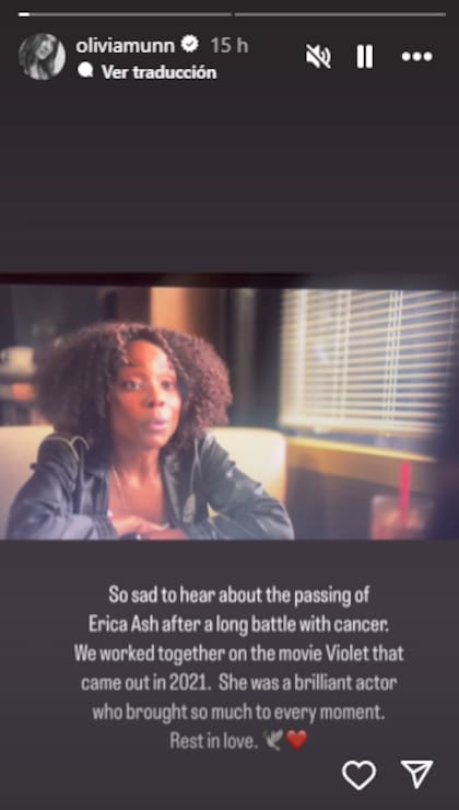 El mensaje de Olivia Munn, que actuó en "Violet" junto a Erica Ash, en su Instagram. Foto: captura