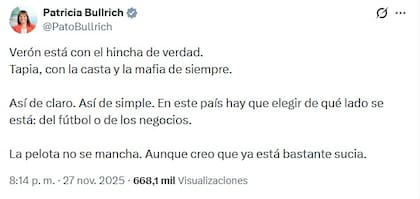 El mensaje de Patricia Bullrich contra tras el episodio de Estudiantes