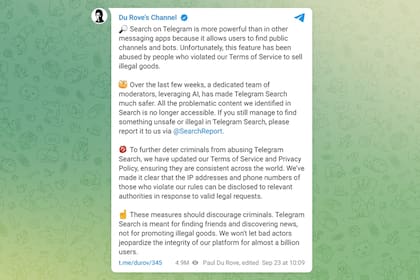 El mensaje de Pavel Durov, el creador de Telegram, sobre los cambios en las búsquedas dentro del mensajero