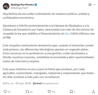 El mensaje de Paz Pereira tras la aprobación del préstamo del FMI