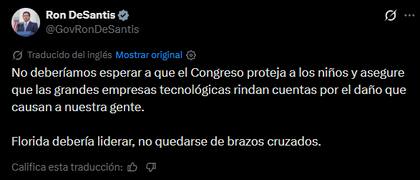 El mensaje de Ron DeSantis en la red social X