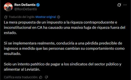 El mensaje de Ron DeSantis en rechazo a la propuesta de California