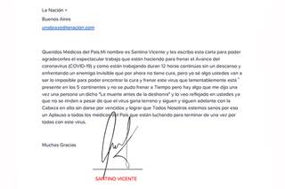 "Un aplauso a todos los médicos del país que están luchando"