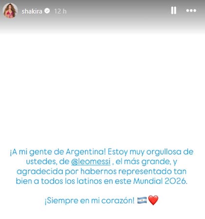 El mensaje de Shakira tras la derrota de Argentina (Instagram: @shakira)