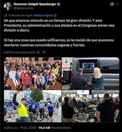 El mensaje de Spanberger en redes sociales contra la política de la administración Trump