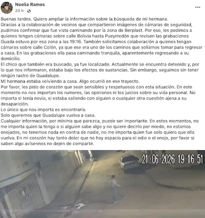 El mensaje de su hermana al momento de la búsqueda