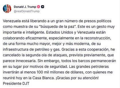 El mensaje de Trump en el que anunció que canceló una segunda ola de ataques