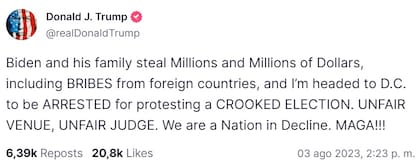 El mensaje de Trump en Truth Social
