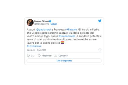El mensaje de Twitter de la senadora Monica Cirinnà