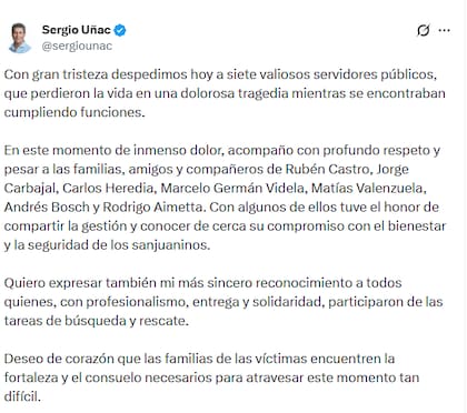 El mensaje de Uñac tras las tragedia