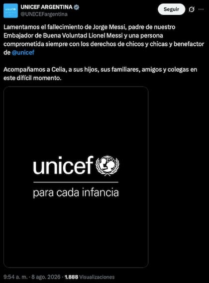 El mensaje de UNICEF tras la muerte de Jorge Messi