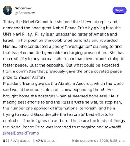 El mensaje de uno de los abogados de Trump tras el anuncio del Nobel de la Paz