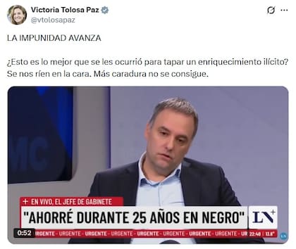 El mensaje de Victoria Tolosa Paz tras la entrevista a Adorni en LN+