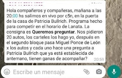 El mensaje de WhatsApp que circuló para realizar un escrache en la casa de Patricia Bullrich