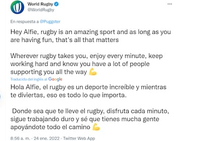 El mensaje de World Rugby para Alfie Pugsley