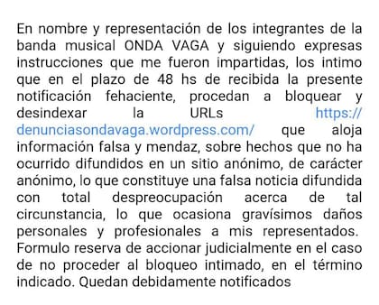 El mensaje del abogado de la banda a las propietarias del blog.