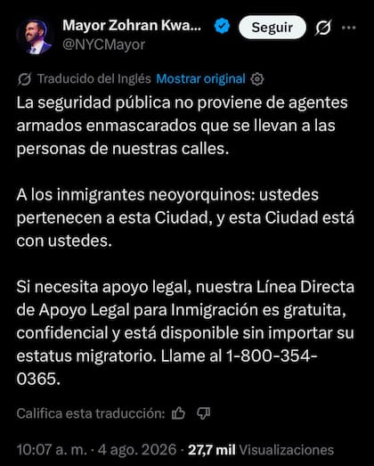 El mensaje del alcalde de Nueva York llega después de que un juez federal bloqueara parcialmente la ley estatal que buscaba prohibir que agentes del ICE actuaran con el rostro cubierto