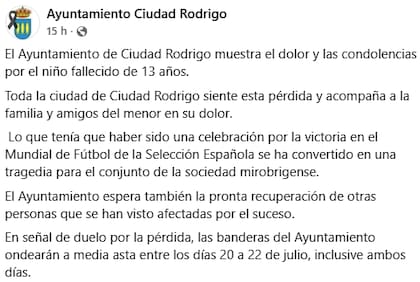 El mensaje del Ayuntamiento Ciudad Rodrigo (Facebook: Ayuntamiento Ciudad Rodrigo)