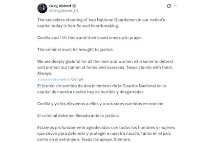 El mensaje del gobernador de Texas, Greg Abbott, tras el tiroteo en Washington D.C.