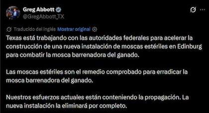 El mensaje del gobernador Greg Abbott en su cuenta de X