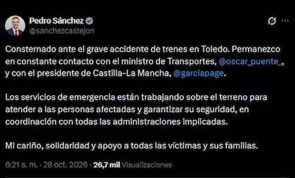 El mensaje del presidente español, Pedro Sánchez, tras el fatal choque entre dos trenes ocurrido en Toledo.