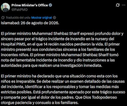 El mensaje del primer ministro de Pakistán