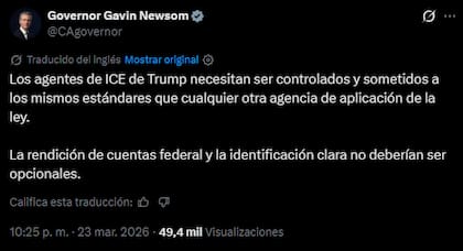 El mensaje donde Newosm pide más control para el ICE y sus agentes