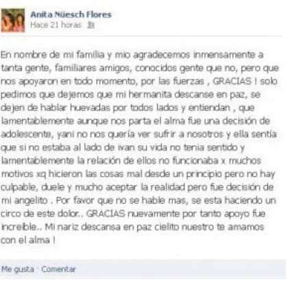 El mensaje en Facebook de la hermana de Yanina