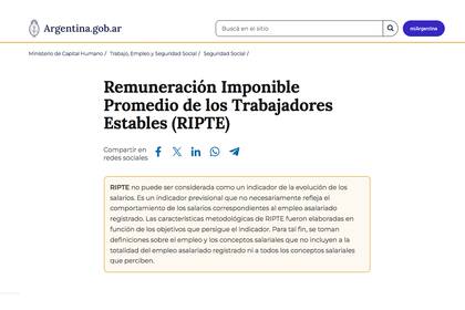 El mensaje en la página oficial de la Secretaría de Trabajo en el que advierte que el RIPTE no puede ser considerada como un indicador de la evolución de los salarios; es el indicador que utilizó Milei
