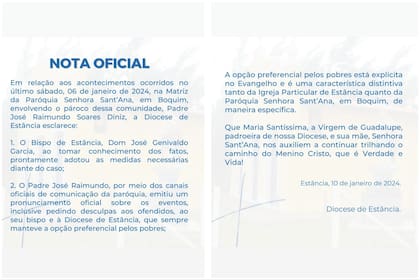 El mensaje en rede sociales de Parroquia Nossa Senhora de Santana en apoyo al cura