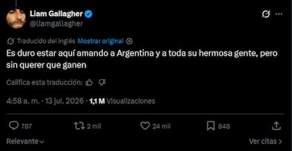 El mensaje en X de Liam Gallagher sobre la Argentina