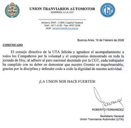 El mensaje firmado por Roberto Fernández