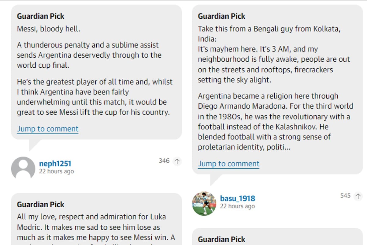 El mensaje fue seleccionado por el editor de The Guardian; fue tras el triunfo de la Argentina ante Croacia