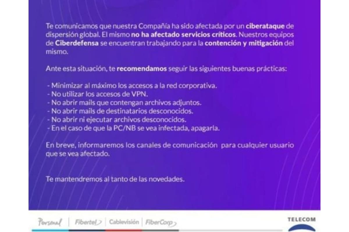 El mensaje interno que envió ayer Telecom a sus empleados de atención al público y que luego se filtró en las redes