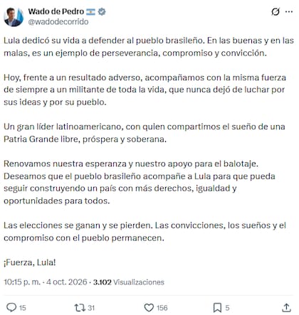 El mensaje que compartió De Pedro luego de la derrota de Lula