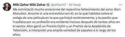 El mensaje que compartió el ministro de Cultura y Deportes de Israel, Miki Zohar, por el fallecimiento del actor (Foto: Captura X @zoharm7)