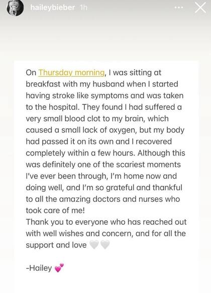 El mensaje que compartió Hailey Bieber luego de su hospitalización