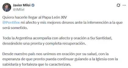 El mensaje que compartió Milei tras conocerse que el papa León XIV será sometido a una cirugía