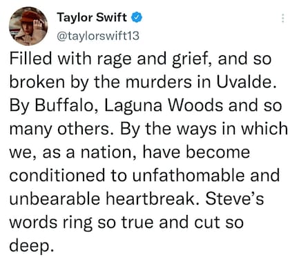 El mensaje que compartió Taylor Swift tras la masacre escolar en Uvalde