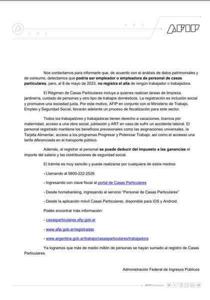 El mensaje que envió la AFIP a 150.000 contribuyentes